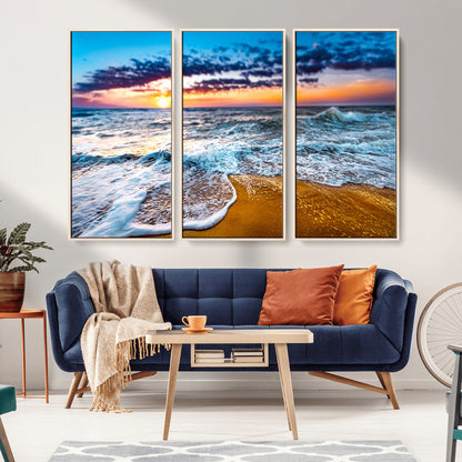 24077769-MGV-CV-36X24-Sunset Beach Wall Art – Ocean Waves Canvas Print, Golden Shoreline Photography Coastal Decor for Living Room, Bedroom, Office,