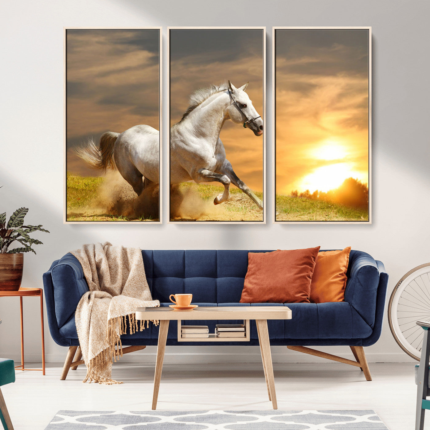 67478480-MGV-CV-36X24-White Horse Running at Sunset Wall Art – Majestic Equestrian Photography Print, Rustic Farmhouse Decor, Golden Sky Horse Lover