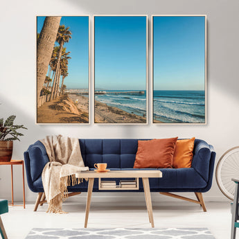 92568259-MGV-CV-36X24-California Beach Wall Art – Palm Tree Pier Canvas Print, Coastal Ocean Photography Seaside Decor for Living Room, Bedroom, Office,