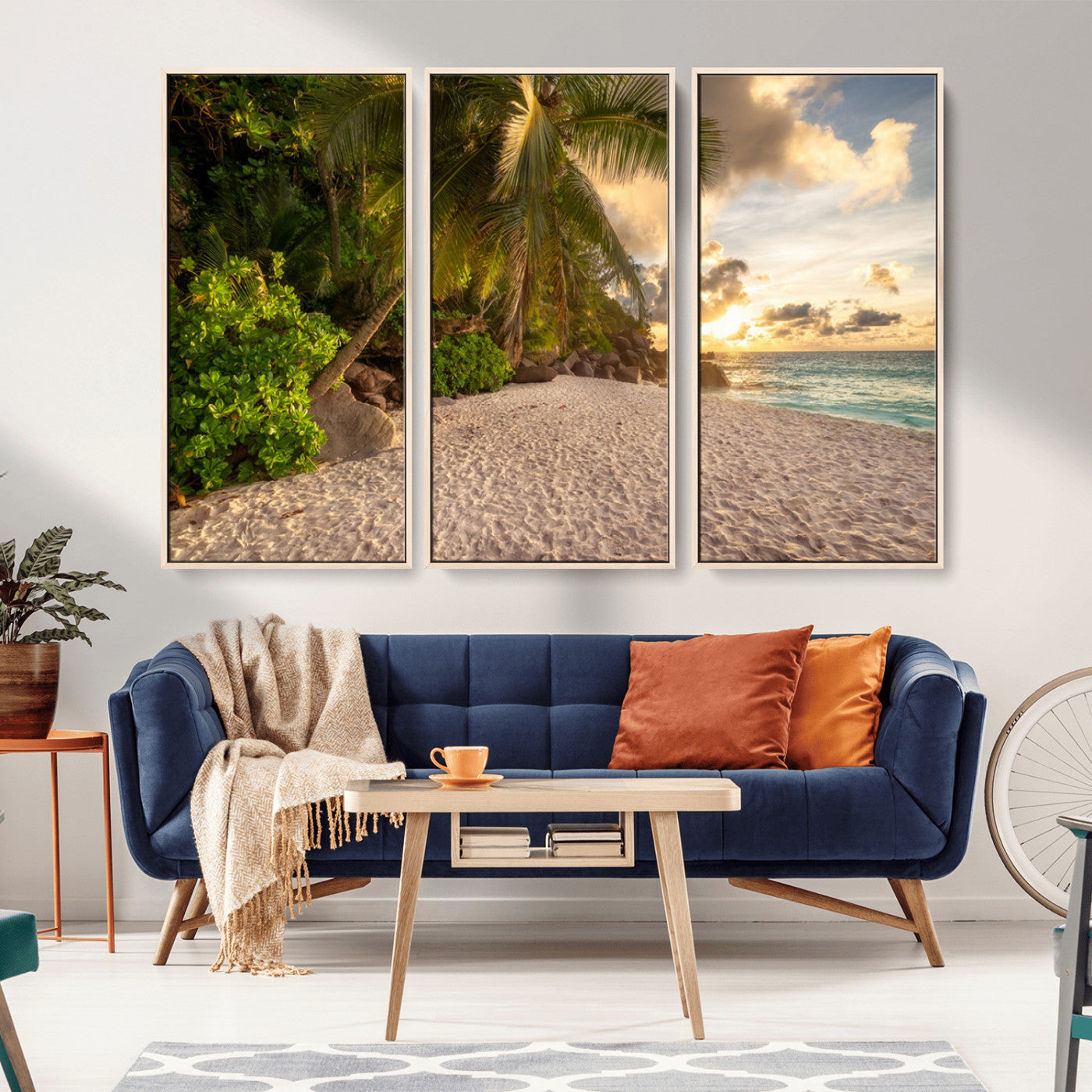 89531159-MGV-CV-36X24-Tropical Beach Sunset Canvas Wall Art – Palm Trees Golden Sand Ocean Waves Coastal Paradise Print for Beach House Bedroom Bathroom