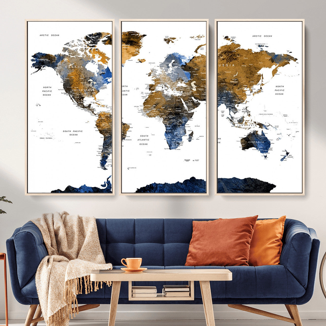 MGV-FC-48X32-3P - World Map Wall Art Canvas Print, Framed Blue Gold Map Art Picture Print, Rustic Atlas Perfect Rustic Modern Decor Artwork