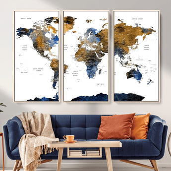 MGV-FC-48X32-3P - World Map Wall Art Canvas Print, Framed Blue Gold Map Art Picture Print, Rustic Atlas Perfect Rustic Modern Decor Artwork