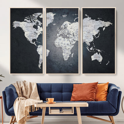 MGV-FC-48X32-3P - Monochrome World Map Wall Art Canvas Print, Framed Minimalist Map Art Picture Print, Modern Atlas Perfect Modern Minimalist Decor Artwork