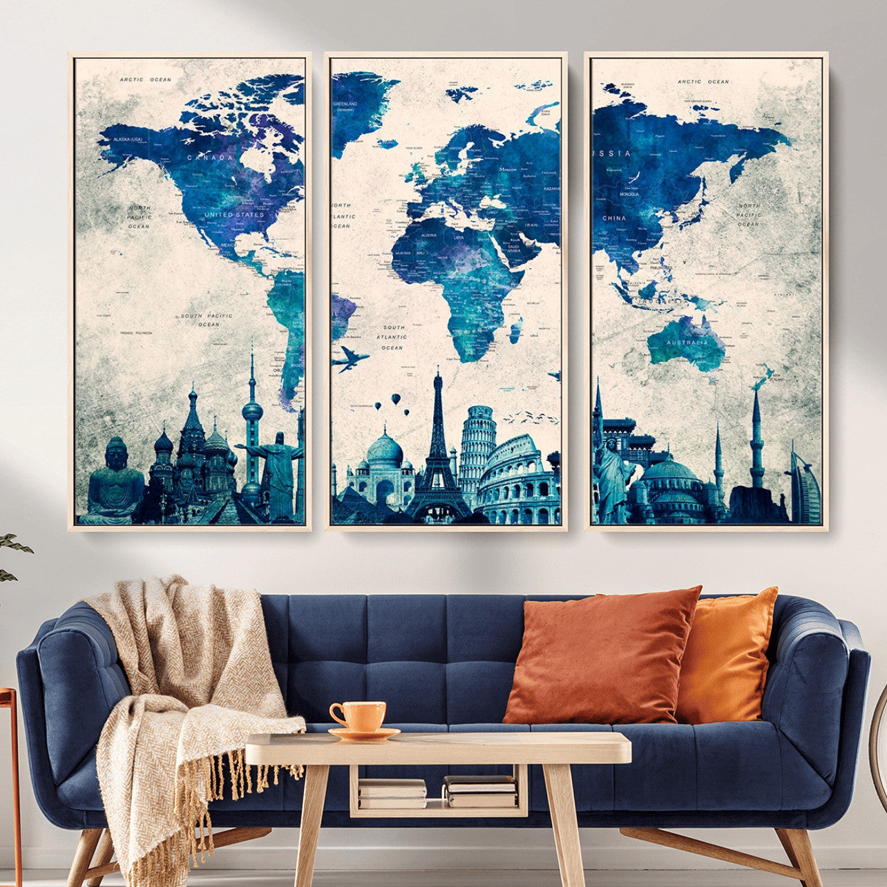 MGV-FC-48X32-3P - Blue World Map Wall Art Canvas Print, Framed Iconic Landmarks Art Picture Print, Blue Globe Map Perfect Elegant Explorer Decor Artwork