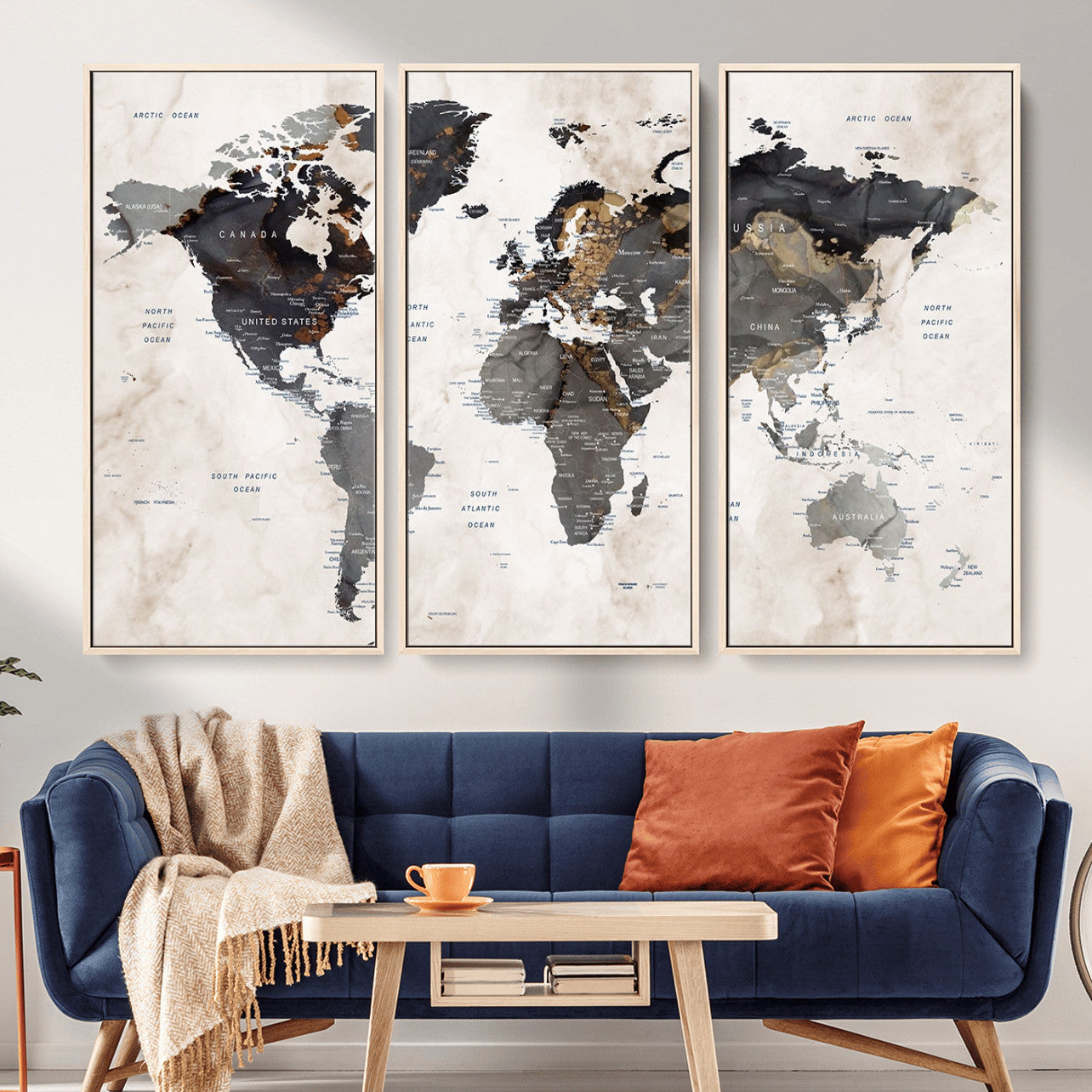 MGV-FC-48X32-3P - World Map Wall Art Canvas Print, Framed Rustic Map Art Picture Print, Antique Map Perfect Rustic Explorer Decor Artwork