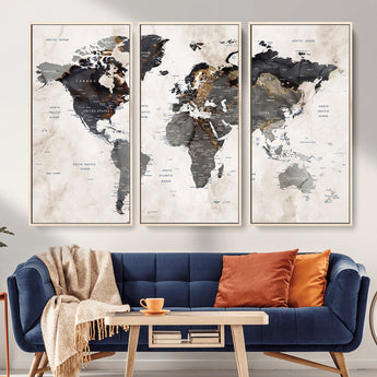 MGV-FC-48X32-3P - World Map Wall Art Canvas Print, Framed Rustic Map Art Picture Print, Antique Map Perfect Rustic Explorer Decor Artwork
