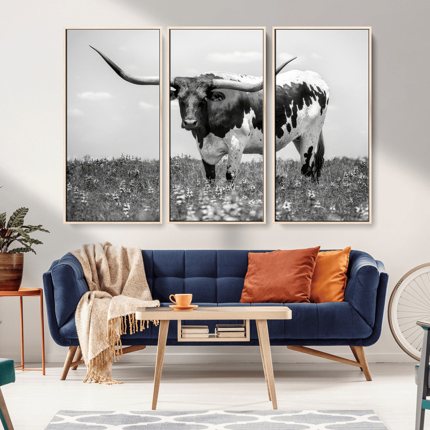 83785-MGV-CV-36X24-Texas Longhorn Wall Art Canvas Print, Framed Horned Bull Art Picture Print, Monochrome Cattle Perfect Rustic Western Decor Artwork