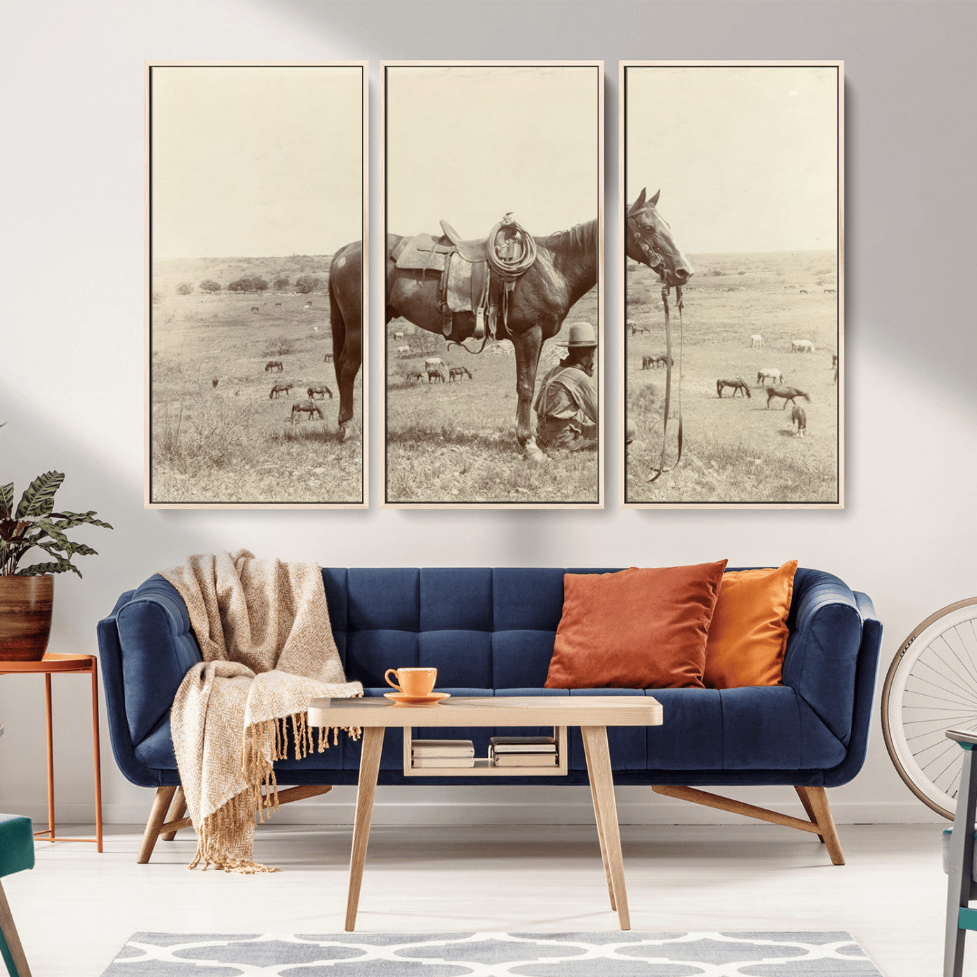 29704-MGV-CV-36X24-Vintage Cowboy Wall Art Canvas Print, Framed Grazing Horses Art Picture Print, Western Horses Perfect Rustic Western Decor Artwork