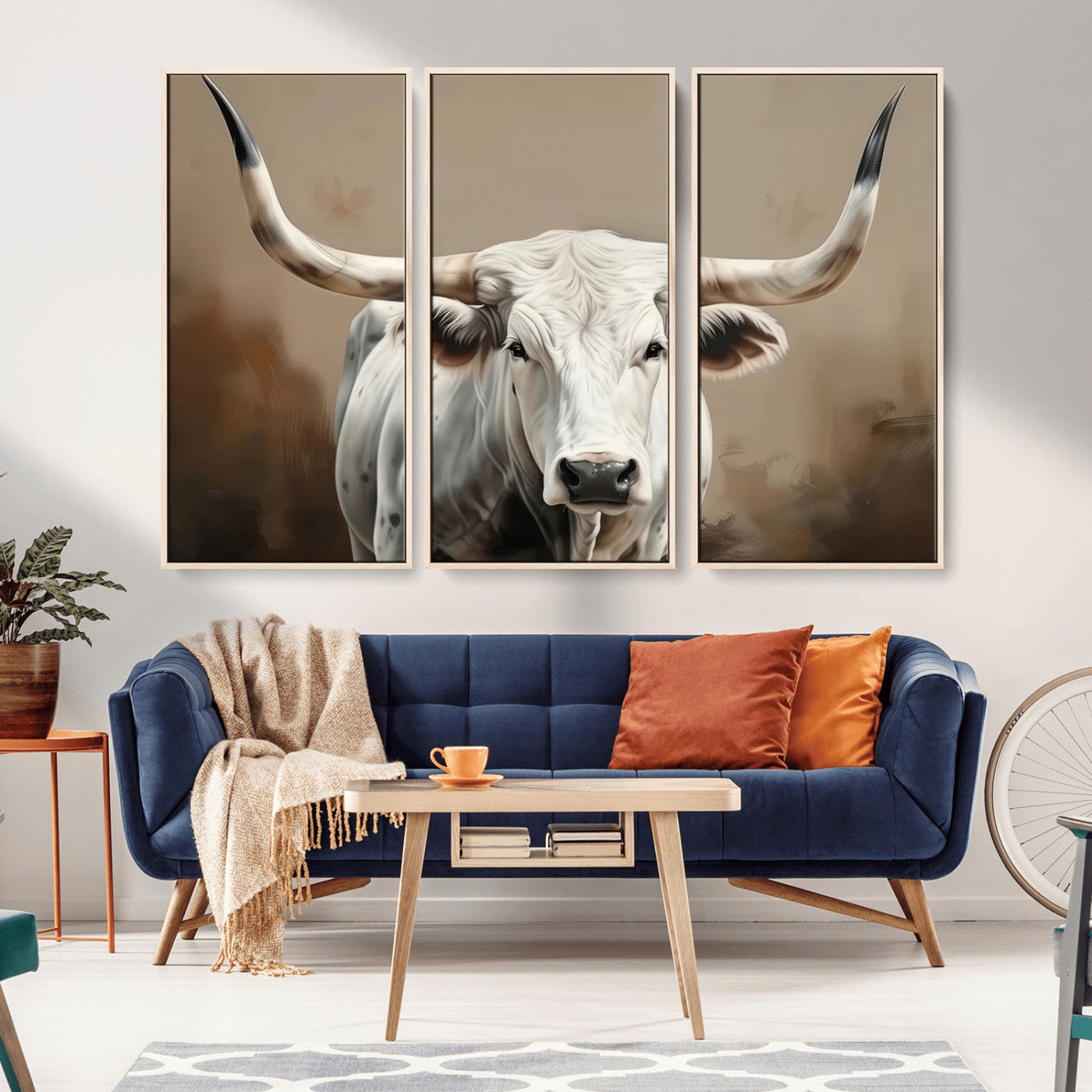 63550-MGV-CV-36X24-Texas Longhorn Wall Art Canvas Print, Framed White Bull Art Picture Print, Horned Cattle Perfect Rustic Western Decor Artwork