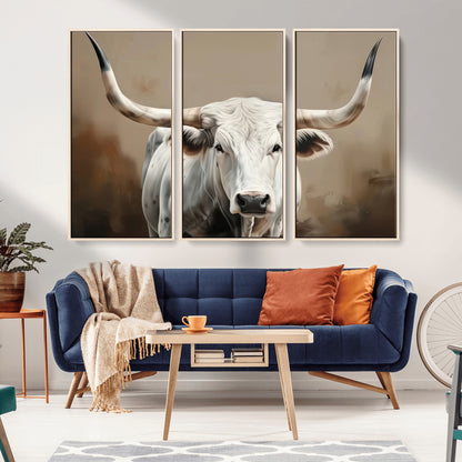 63550-MGV-CV-36X24-Texas Longhorn Wall Art Canvas Print, Framed White Bull Art Picture Print, Horned Cattle Perfect Rustic Western Decor Artwork