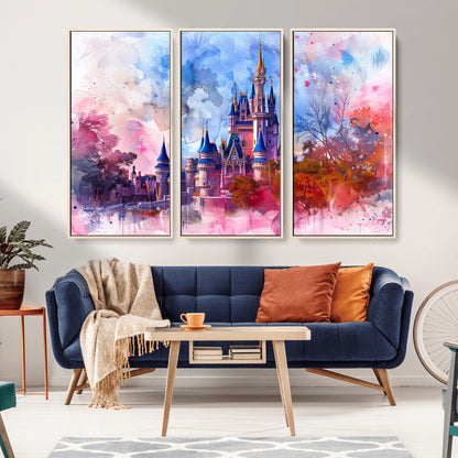15129-MGV-FC-48X32-3P_Natural-Disney Castle Wall Art Canvas Print, Framed Cinderella Palace Art Picture Print, Fantasy Kingdom Perfect Whimsical Fairytale Decor