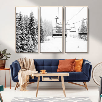 49274-MGV-FC-48X32-3P_Natural-Snowy Forest Wall Art Canvas Print, Framed Ski Lift Art Picture Print, Mountain Snow Perfect Minimal Winter Lodge Decor Artwork