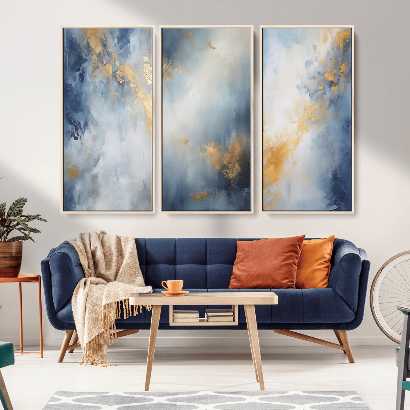 41836-MGV-CV-36X24-Abstract Gold Wall Art Canvas Print, Framed Blue Layers Art Picture Print, Elegant Cloud Perfect Elegant Minimalist Decor Artwork