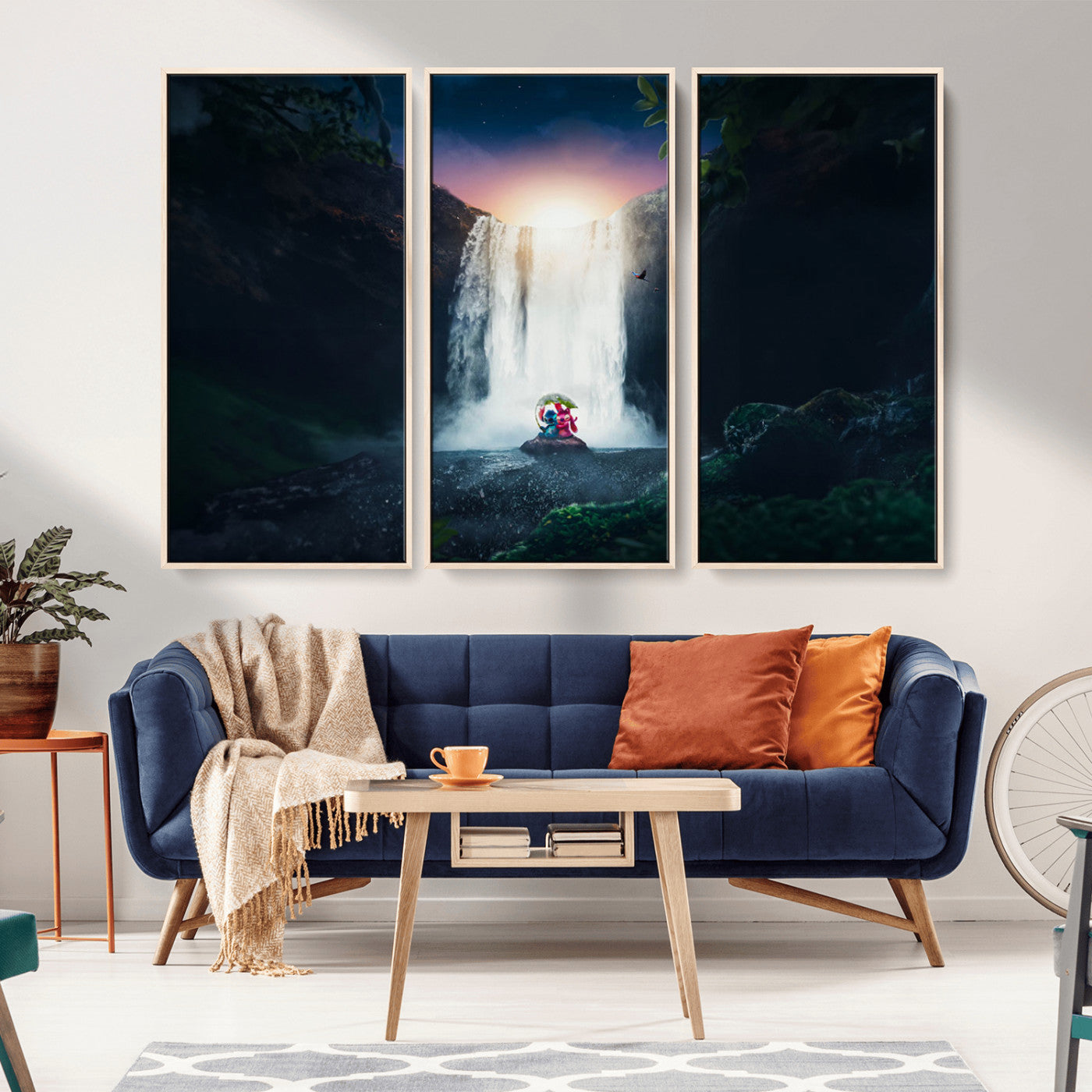 56359-MGV-CV-36X24-Lilo Stitch Wall Art Canvas Print, Framed Stitch Angel Art Picture Print, Cartoon Waterfall Perfect Tropical Fantasy Decor Artwork