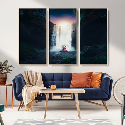 56359-MGV-CV-36X24-Lilo Stitch Wall Art Canvas Print, Framed Stitch Angel Art Picture Print, Cartoon Waterfall Perfect Tropical Fantasy Decor Artwork