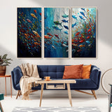 89626-MGV-CV-36X24-Fish Swarm Wall Art Canvas Print, Framed Abstract Ocean Art Picture Print, Underwater Life Perfect Vibrant Coastal Decor Artwork