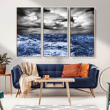 91043-MGV-FC-48X32-3P_Natural-Stormy Ocean Wall Art Canvas Print, Framed Moody Seascape Art Picture Print, Monochrome Sea Perfect Coastal Drama Decor Artwork