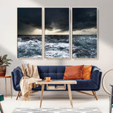 51359-MGV-FC-48X32-3P_Natural-Stormy Ocean Wall Art Canvas Print, Framed Moody Seascape Art Picture Print, Ocean Storm Perfect Dramatic Coastal Decor Artwork
