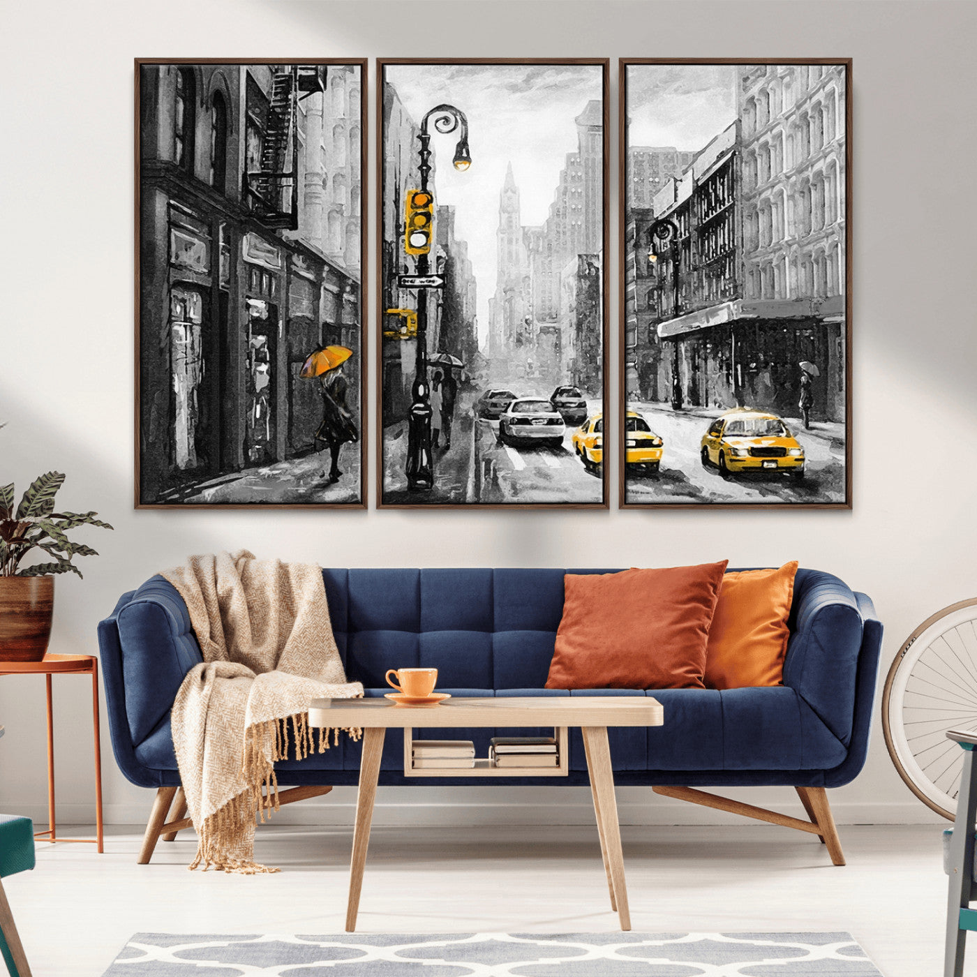 32362-MGV-CV-36X24-NYC Street Wall Art – Black and White Cityscape with Yellow Taxis and Umbrella Canvas Print, Urban Home Decor for Living Room or