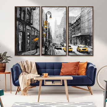 32362-MGV-CV-36X24-NYC Street Wall Art – Black and White Cityscape with Yellow Taxis and Umbrella Canvas Print, Urban Home Decor for Living Room or