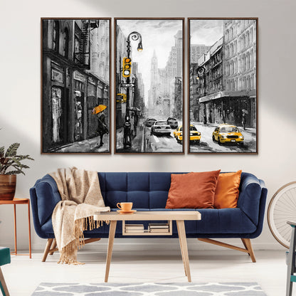 32362-MGV-CV-36X24-NYC Street Wall Art – Black and White Cityscape with Yellow Taxis and Umbrella Canvas Print, Urban Home Decor for Living Room or