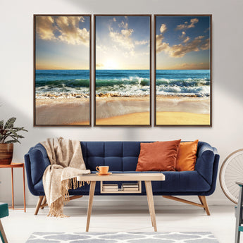 13139-MGV-CV-36X24-Sunrise Beach Wall Art – Ocean Waves and Golden Sand Canvas Print, Coastal Home Decor for Living Room, Bedroom, or Office