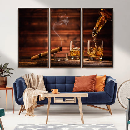 91042-MGV-CV-36X24-Whiskey & Cigar Wall Art – Elegant Whiskey Pour and Smoldering Cigar Canvas Print, Sophisticated Bar or Lounge Decor for Home,