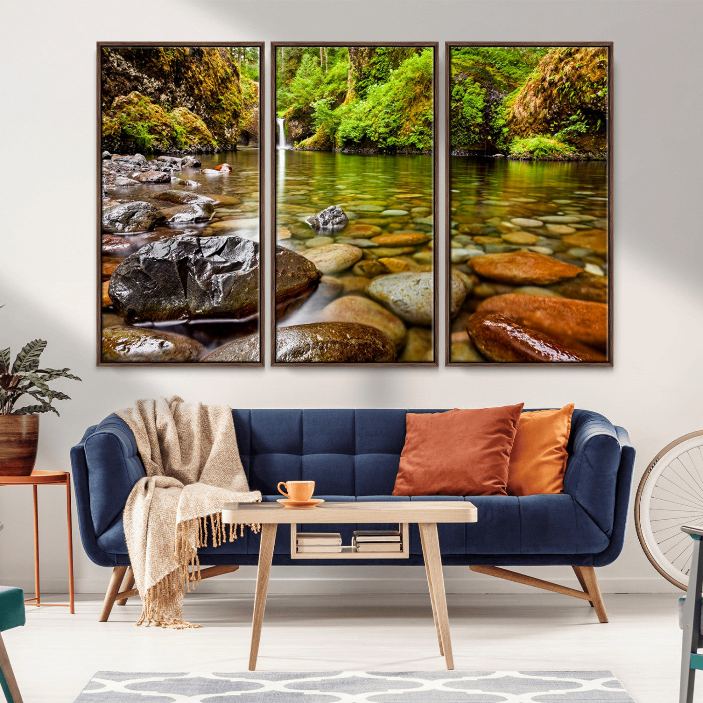 98096-MGV-CV-36X24-Serene River Waterfall Nature Photo – Calm Clear Water, Vibrant Green Forest and Smooth Stones Landscape Wall Art for Home or