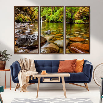 98096-MGV-CV-36X24-Serene River Waterfall Nature Photo – Calm Clear Water, Vibrant Green Forest and Smooth Stones Landscape Wall Art for Home or