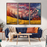 83947-MGV-CV-36X24-Sunset Mountain Landscape Wall Art – Panoramic Alpine Meadow and Snow Capped Peaks Canvas Print, Nature Scenic Decor for Home,