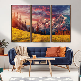 83947-MGV-CV-36X24-Sunset Mountain Landscape Wall Art – Panoramic Alpine Meadow and Snow Capped Peaks Canvas Print, Nature Scenic Decor for Home,