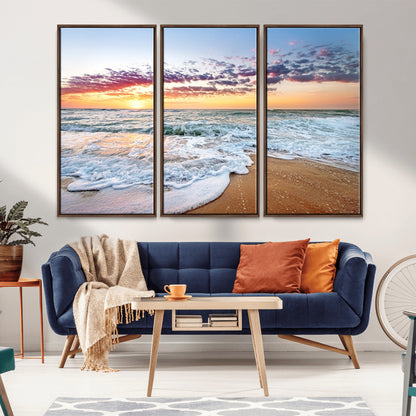 39560-MGV-CV-36X24-Sunrise Beach Wall Art – Vibrant Ocean Waves and Golden Sand Canvas Print, Seaside Coastal Decor for Living Room, Bedroom or