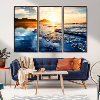 86173-MGV-CV-36X24-Golden Sunset Beach Wall Art – Reflective Ocean Canvas Print with Mountains and Waves, Coastal Nature Decor for Living Room,