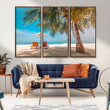 69754-MGV-CV-36X24-Tropical Beach Wall Art – Relaxing Palm Tree and Lounge Chairs Canvas Print, Serene Coastal Decor for Living Room, Bedroom, Office