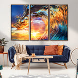 52890-MGV-CV-36X24-Surfing Wave Wall Art Canvas Print, Framed Sunset Ocean Art Picture Print, Ocean Wave Perfect Nautical Decor Artwork