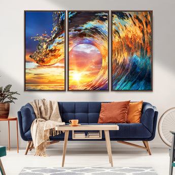 52890-MGV-CV-36X24-Surfing Wave Wall Art Canvas Print, Framed Sunset Ocean Art Picture Print, Ocean Wave Perfect Nautical Decor Artwork