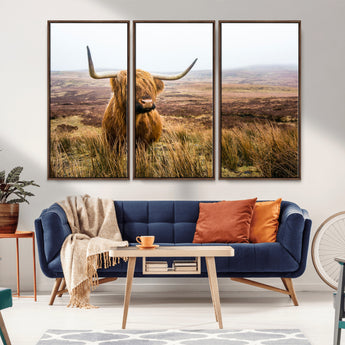 79391-MGV-CV-36X24-Majestic Highland Cow in Misty Scottish Moorland – Rustic Natural Charm, Perfect for Unique Home or Office Decor