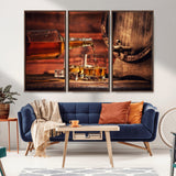 21266-MGV-CV-36X24-Pouring Whiskey into Glasses with Ice – Rustic Wooden Barrel Background, Warm Ambient Lighting, Ideal Decor for Home or Office