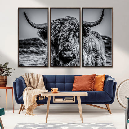 97372-MGV-CV-36X24-Elegant Highland Cow Wall Art – Black and White Canvas Print, Rustic Nature Decor for Home, Office, Living Room or Man Cave