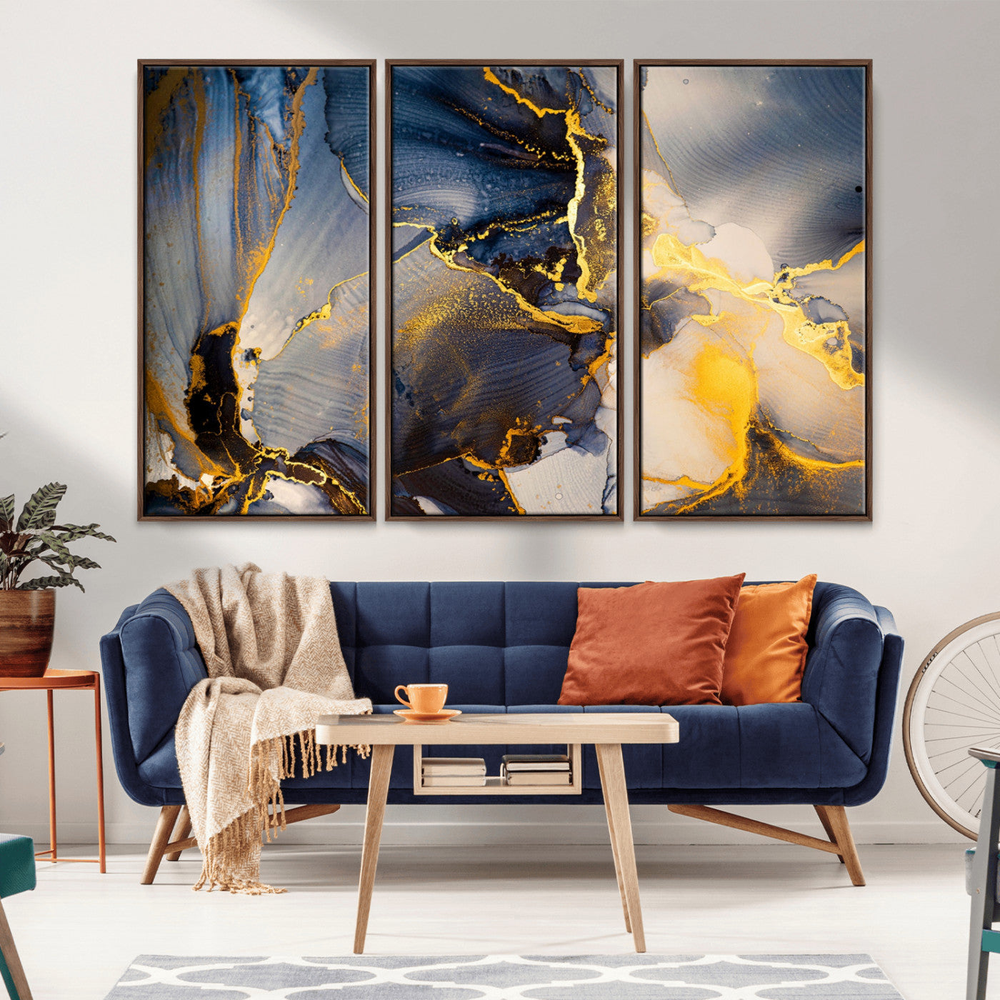 42100-MGV-CV-36X24-Golden Flow Abstract Wall Art – Panoramic Modern Blue and Gold Canvas Print, Contemporary Artistic Decor for Home, Office