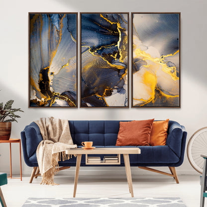 42100-MGV-CV-36X24-Golden Flow Abstract Wall Art – Panoramic Modern Blue and Gold Canvas Print, Contemporary Artistic Decor for Home, Office