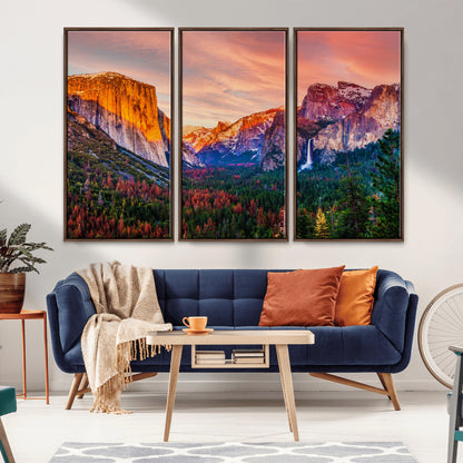 24519-MGV-CV-36X24-Yosemite Valley Sunset Wall Art – Majestic Mountain Landscape with Waterfall and Vibrant Sky, Nature Photography for Home or
