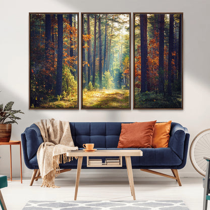 86249-MGV-CV-36X24-Sunlit Autumn Forest Path Wall Art – Peaceful Nature Scene with Fall Foliage, Calming Woods Decor for Home or Office