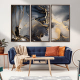 24068-MGV-CV-36X24-Luxury Abstract Wall Art – Gold & Gray Fluid Ink Painting Canvas, Modern Metallic Home Decor, Elegant Office or Living Room Accent