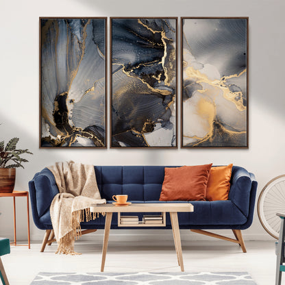 24068-MGV-CV-36X24-Luxury Abstract Wall Art – Gold & Gray Fluid Ink Painting Canvas, Modern Metallic Home Decor, Elegant Office or Living Room Accent