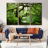 18094-MGV-FC-48X32-3P_Walnut-Emerald Canopy Wall Art – Panoramic Lush Green Tree Canvas Print, Serene Nature Decor for Office, Living Room or Meditation Space