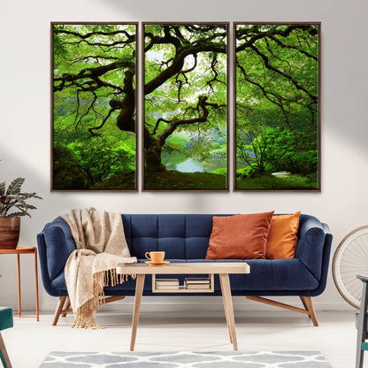 18094-MGV-FC-48X32-3P_Walnut-Emerald Canopy Wall Art – Panoramic Lush Green Tree Canvas Print, Serene Nature Decor for Office, Living Room or Meditation Space