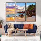 43209-MGV-FC-48X32-3P_Walnut-Tropical Beach Sunset Wall Art – Golden Ocean Waves and Palm Trees with Rocky Shore Canvas Print, Coastal Seascape Decor for