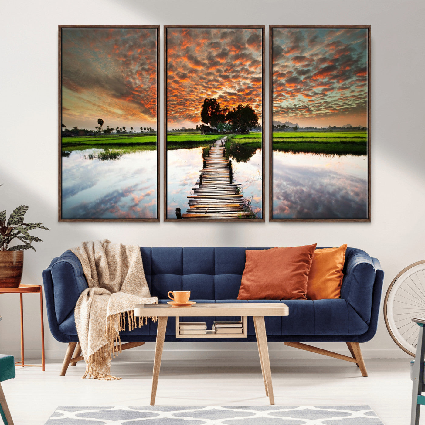 29105-MGV-CV-36X24-Rustic Wooden Bridge Wall Art – Scenic Sunset Over Rice Fields and Reflective Water Canvas Print, Nature Landscape Decor for