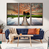 29105-MGV-CV-36X24-Rustic Wooden Bridge Wall Art – Scenic Sunset Over Rice Fields and Reflective Water Canvas Print, Nature Landscape Decor for